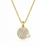 Pavé Disc Pendant Necklace with Pearl Accent